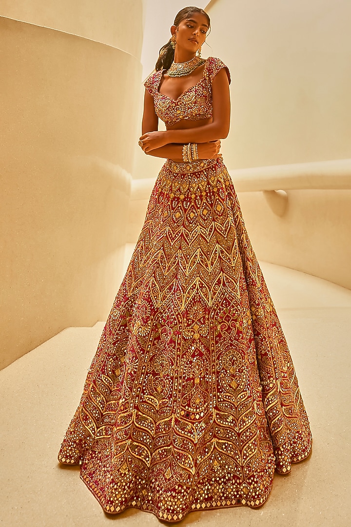 Wine & Fuchsia Brocade Silk Resham Embroidered Bridal Lehenga Set by Tamanna Punjabi Kapoor at Pernia's Pop Up Shop