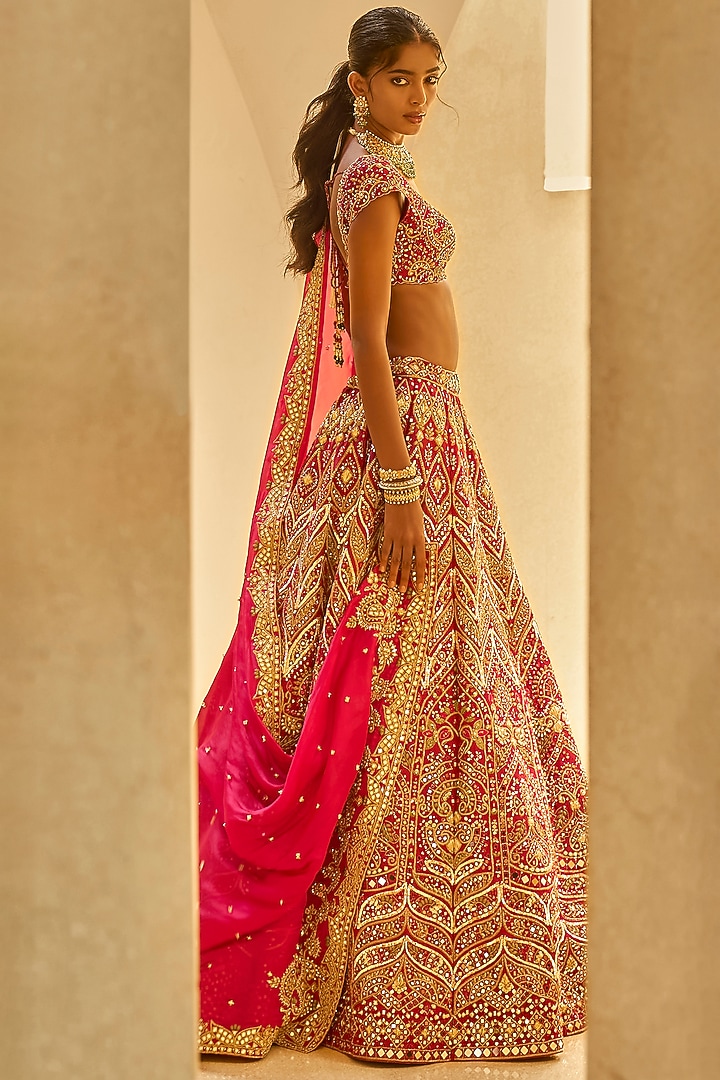 Wine & Fuchsia Brocade Silk Resham Embroidered Bridal Lehenga Set by Tamanna Punjabi Kapoor at Pernia's Pop Up Shop