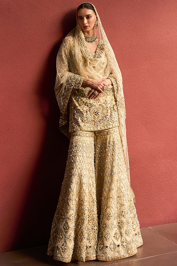 Ivory Tulle Gota & Sequin Embroidered Gharara Set by Tamanna Punjabi Kapoor at Pernia's Pop Up Shop