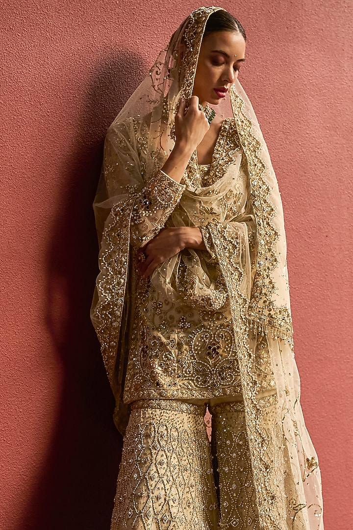 Ivory Tulle Gota & Sequin Embroidered Gharara Set by Tamanna Punjabi Kapoor at Pernia's Pop Up Shop
