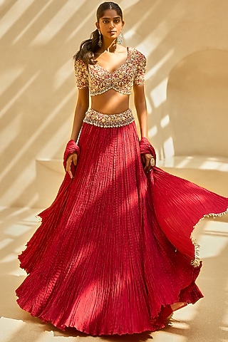 Ruby Red Habutai Silk Crushed Lehenga Set by Tamanna Punjabi Kapoor