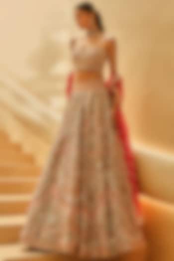 Nude & Fuchsia Tulle Pearl Embroidered Bridal Lehenga Set by Tamanna Punjabi Kapoor at Pernia's Pop Up Shop