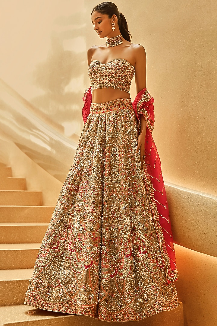 Nude & Fuchsia Tulle Pearl Embroidered Bridal Lehenga Set by Tamanna Punjabi Kapoor at Pernia's Pop Up Shop