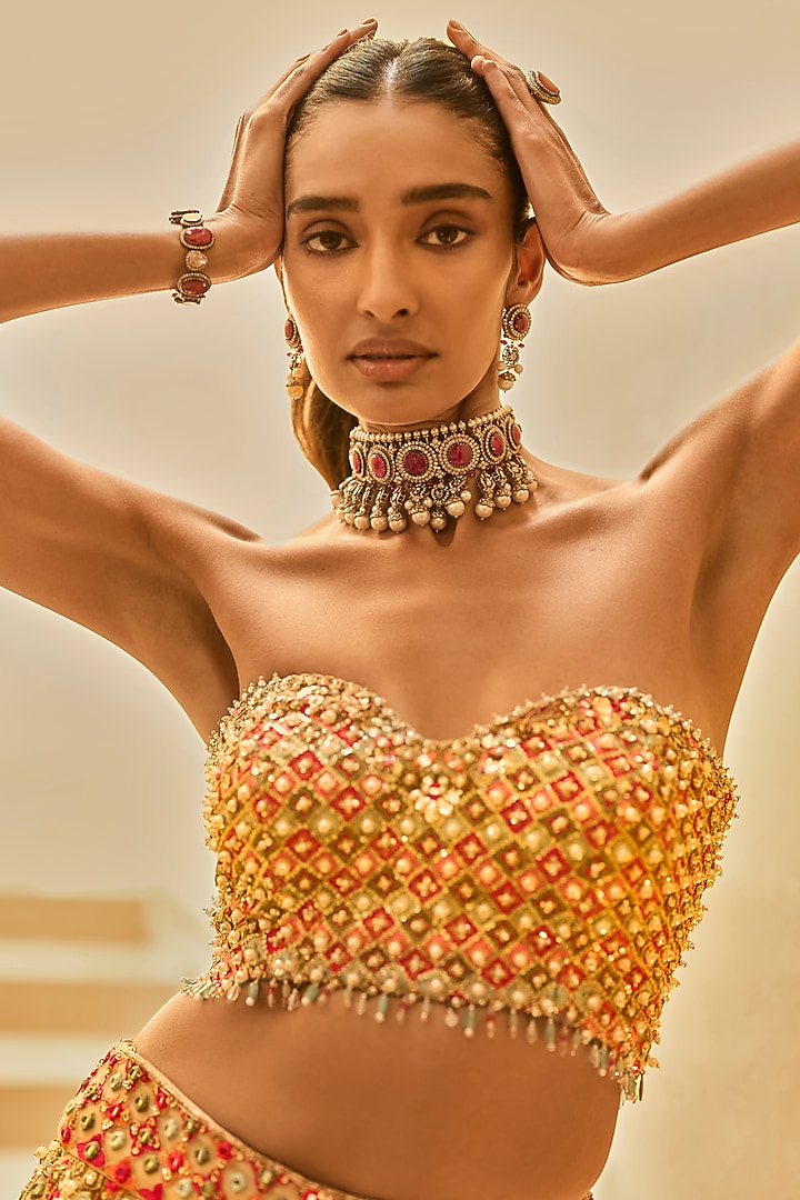 Nude & Fuchsia Tulle Pearl Embroidered Bridal Lehenga Set by Tamanna Punjabi Kapoor at Pernia's Pop Up Shop