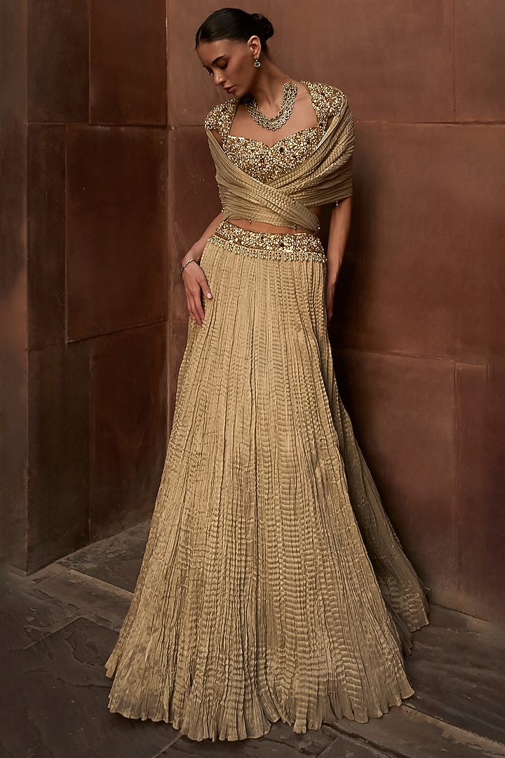 Golden Crushed Tissue Flared Wedding Lehenga Set by Tamanna Punjabi Kapoor at Pernia's Pop Up Shop