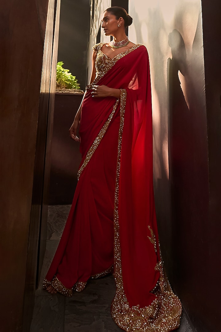 Red Crepe Sequin & Pearl Embellished Reception Saree Set by Tamanna Punjabi Kapoor at Pernia's Pop Up Shop