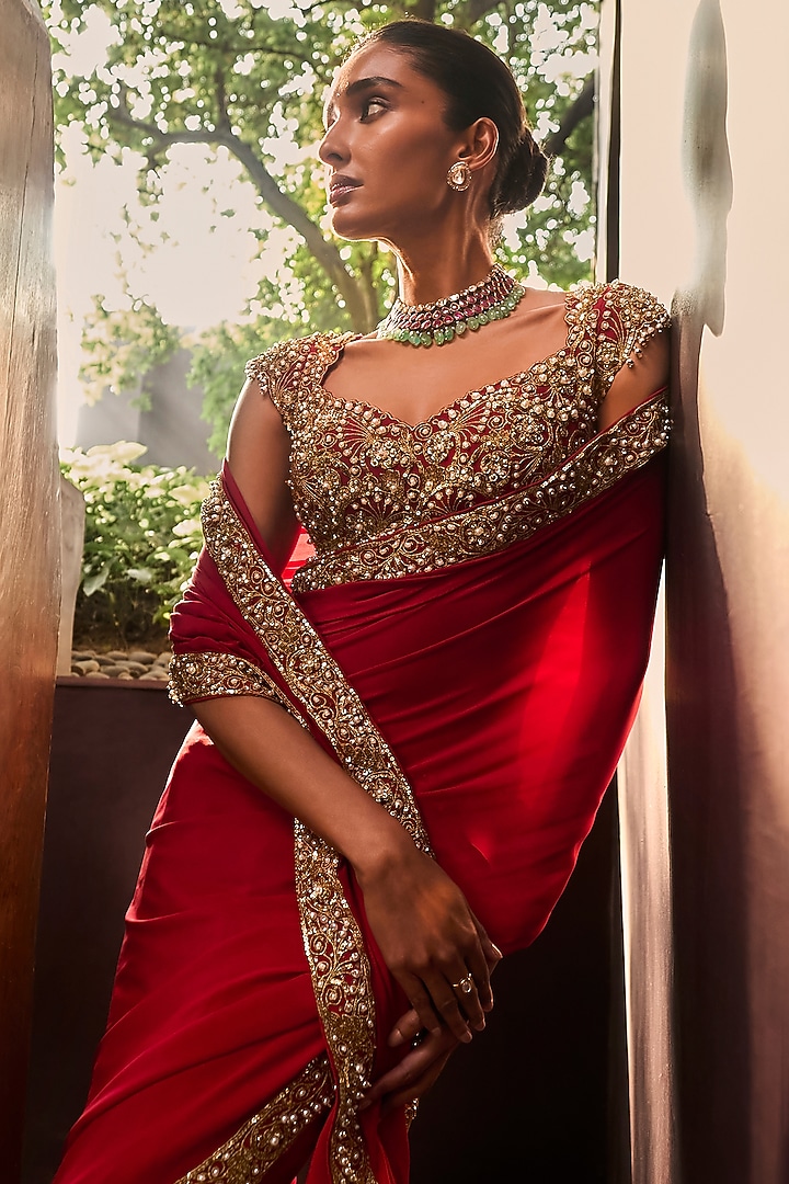 Red Crepe Sequin & Pearl Embellished Reception Saree Set by Tamanna Punjabi Kapoor at Pernia's Pop Up Shop