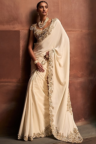 Ivory & Gold Crepe Sequin Embellished Saree Set by Tamanna Punjabi Kapoor