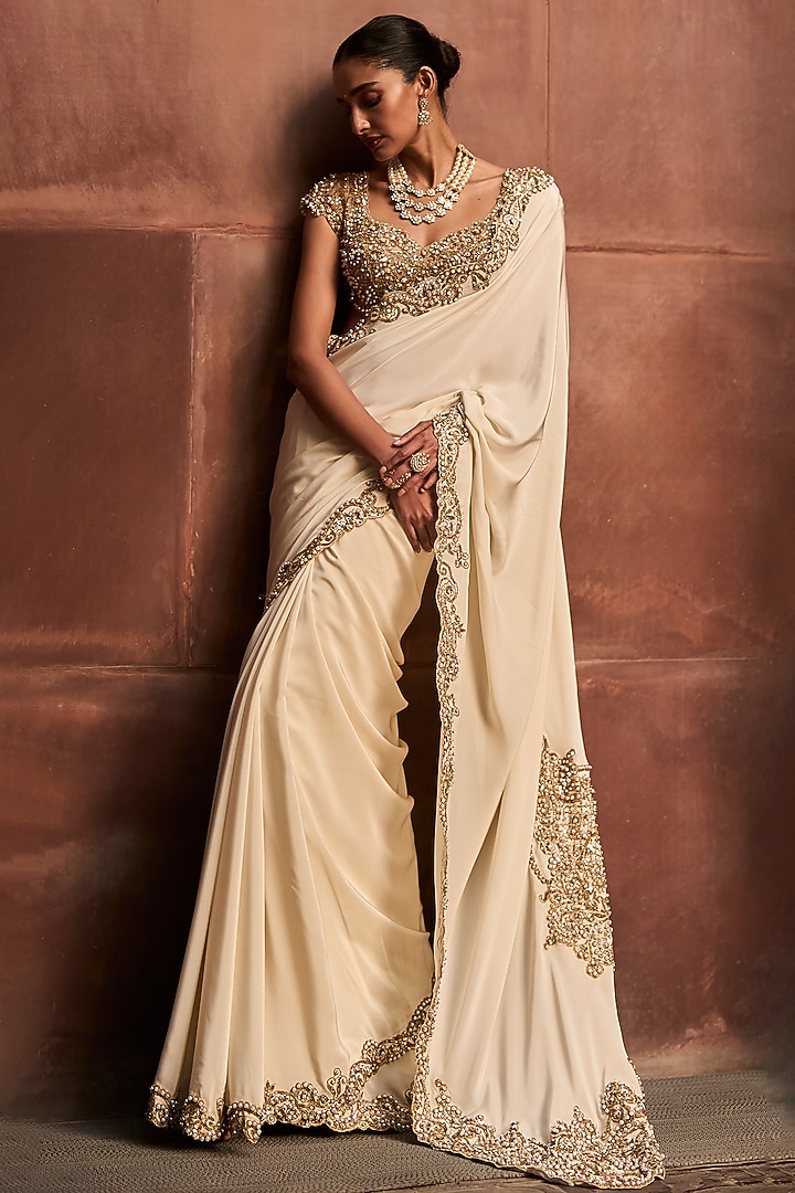 Ivory & Gold Crepe Sequin Embellished Reception Saree Set by Tamanna Punjabi Kapoor at Pernia's Pop Up Shop
