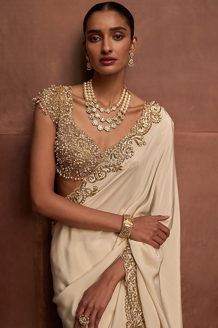 Ivory & Gold Crepe Sequin Embellished Reception Saree Set by Tamanna Punjabi Kapoor at Pernia's Pop Up Shop