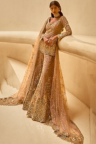 Mauve Pink Tulle Sequin Embellished Sharara Set by Tamanna Punjabi Kapoor