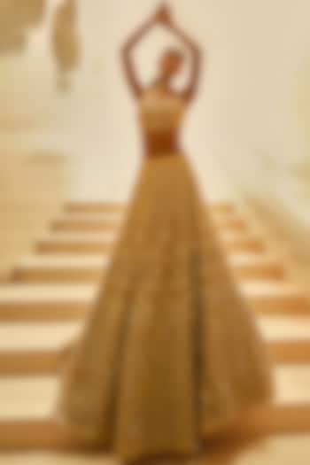 Biscuit-Colored Tulle Sequin & Pearl Hand Embellished Bridal Lehenga Set by Tamanna Punjabi Kapoor at Pernia's Pop Up Shop