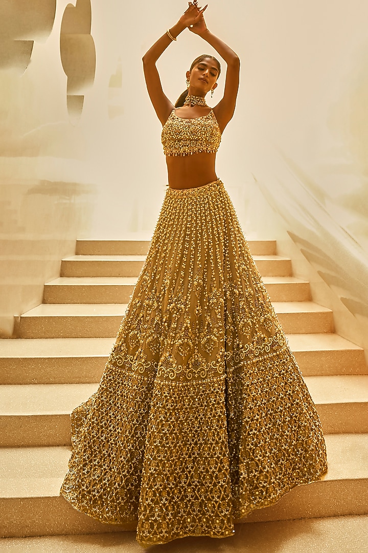 Biscuit-Colored Tulle Sequin & Pearl Hand Embellished Bridal Lehenga Set by Tamanna Punjabi Kapoor at Pernia's Pop Up Shop