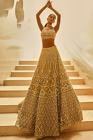 Biscuit-Colored Tulle Sequin & Pearl Hand Embellished Lehenga Set by Tamanna Punjabi Kapoor