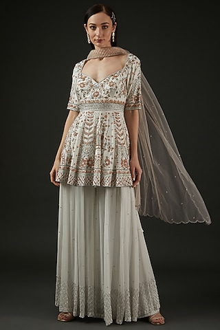Off-White Georgette Embroidered Gown With Dupatta by The Pink Mirror