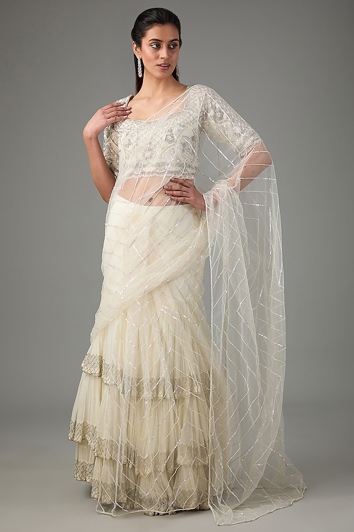 Ivory Georgette & Net Embroidered Draped Skirt Saree Set by The Pink Mirror