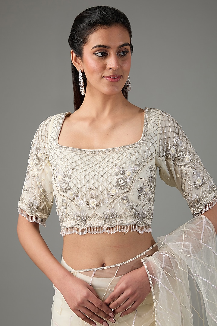 Ivory Georgette & Net Embroidered Draped Skirt Wedding Saree Set by The Pink Mirror at Pernia's Pop Up Shop