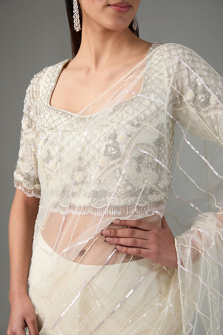 Ivory Georgette & Net Embroidered Draped Skirt Wedding Saree Set by The Pink Mirror at Pernia's Pop Up Shop