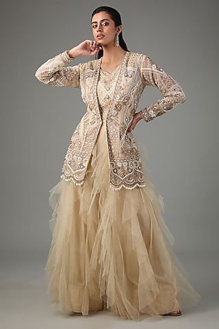 Beige Net & Organza Embroidered Jacket Set by The Pink Mirror