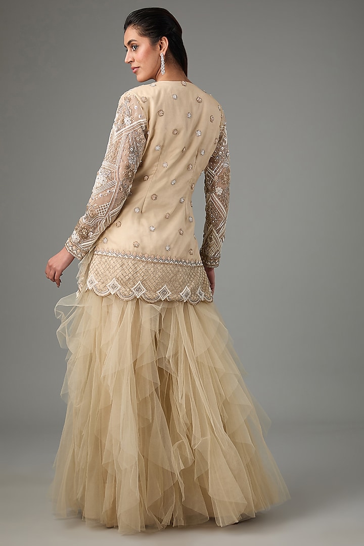 Beige Net & Organza Embroidered Jacket Set by The Pink Mirror at Pernia's Pop Up Shop