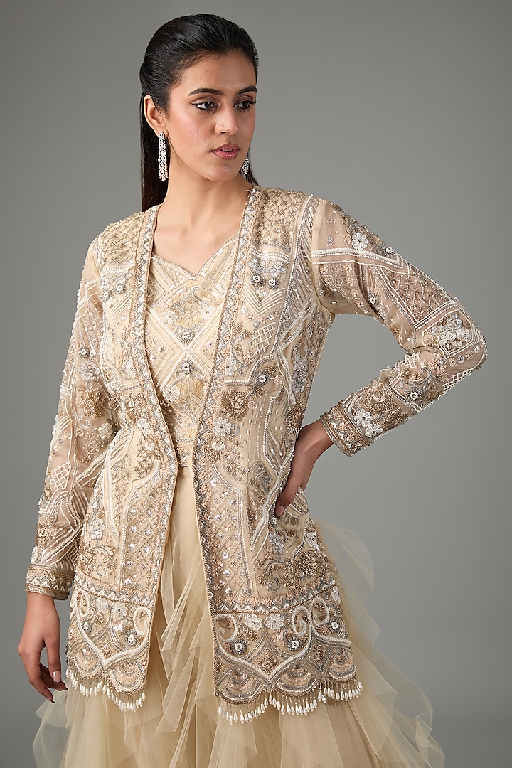 Beige Net & Organza Embroidered Jacket Set by The Pink Mirror at Pernia's Pop Up Shop