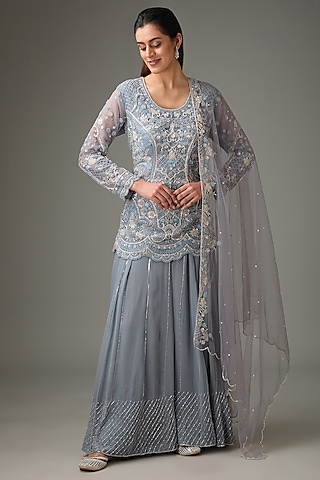 Flint Grey Organza Sharara Set by The Pink Mirror