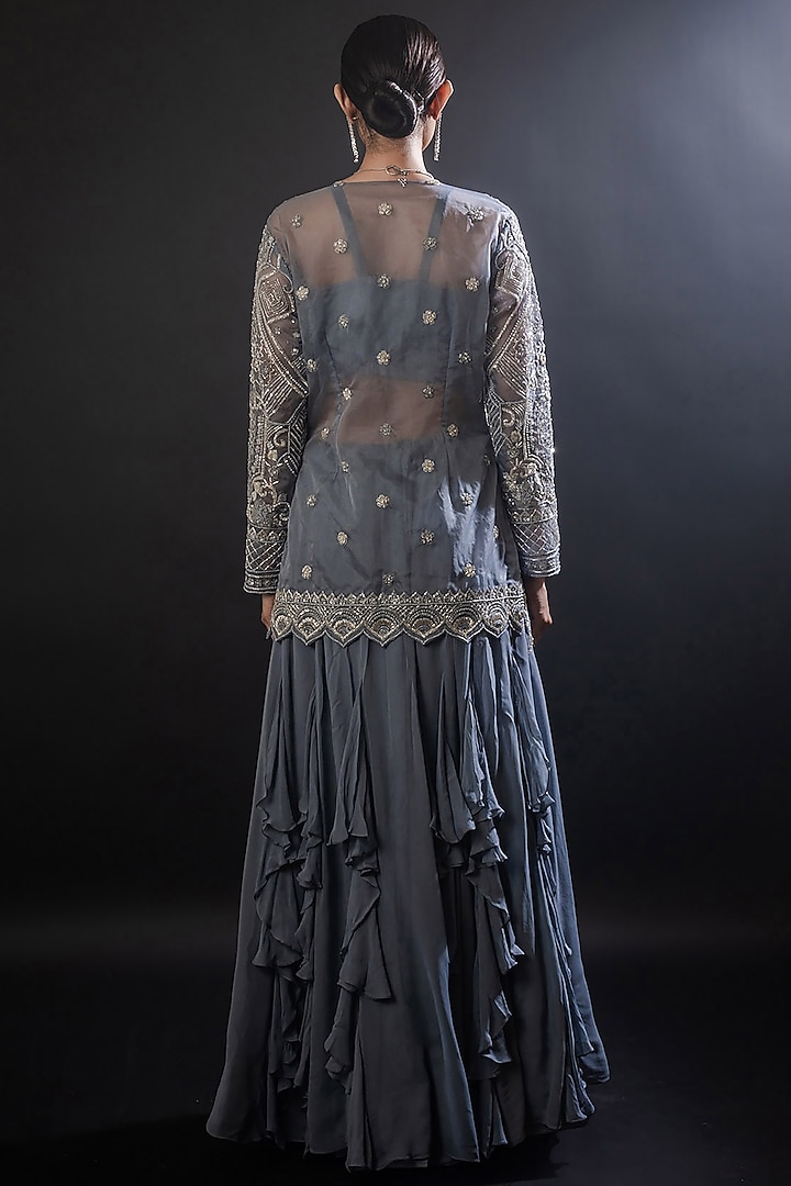 Flint Grey Organza Wedding Sharara Set by The Pink Mirror at Pernia's Pop Up Shop
