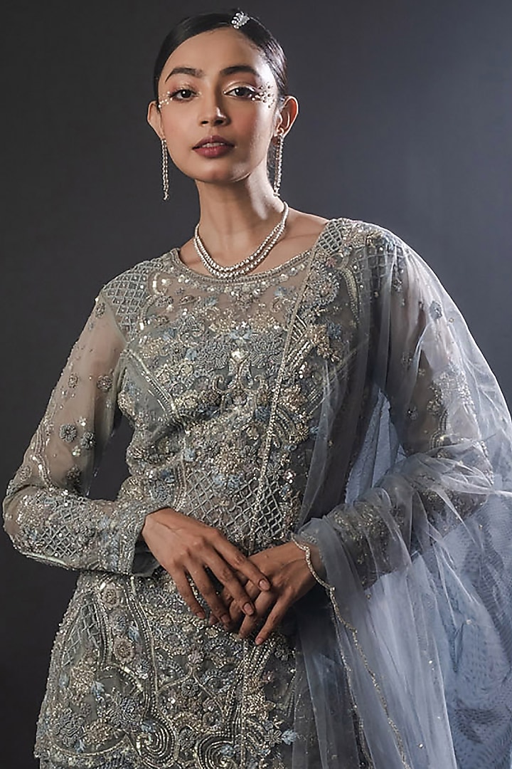 Flint Grey Organza Wedding Sharara Set by The Pink Mirror at Pernia's Pop Up Shop