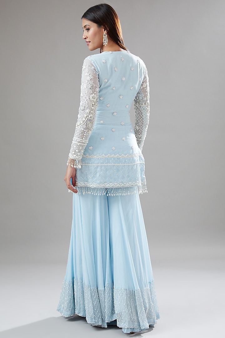 Blue Organza & Georgette Wedding Sharara Set by The Pink Mirror at Pernia's Pop Up Shop
