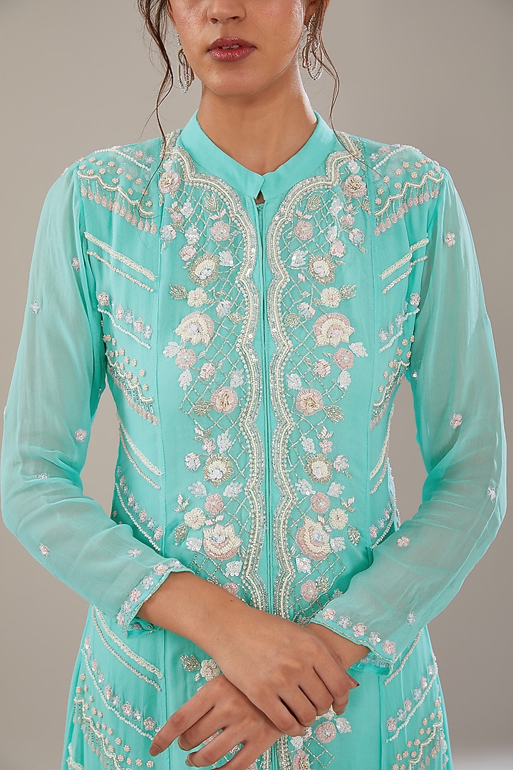 Aqua Blue Georgette Kurta Set by The Pink Mirror at Pernia's Pop Up Shop