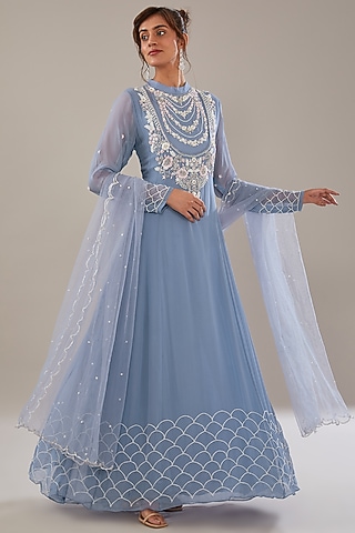 Blue Georgette Anarkali Set by The Pink Mirror
