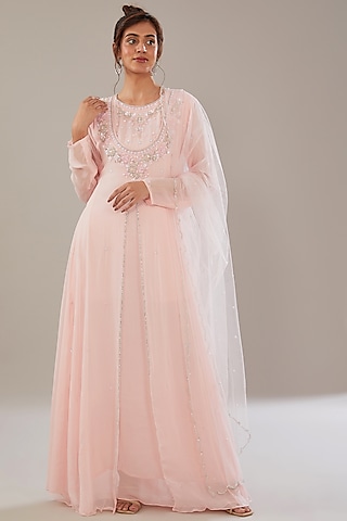 Powder Pink Georgette Anarkali Set by The Pink Mirror