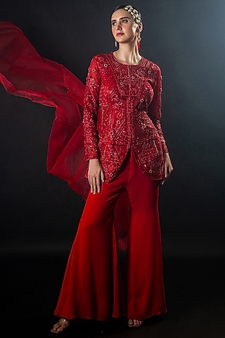 Red Organza Georgette Floral Thread Embroidered Sharara Set by The Pink Mirror