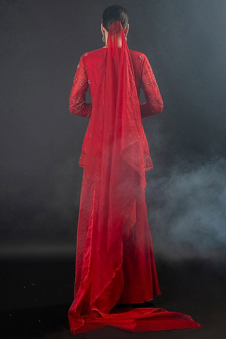 Red Organza Georgette Floral Thread Embroidered Wedding Sharara Set by The Pink Mirror at Pernia's Pop Up Shop