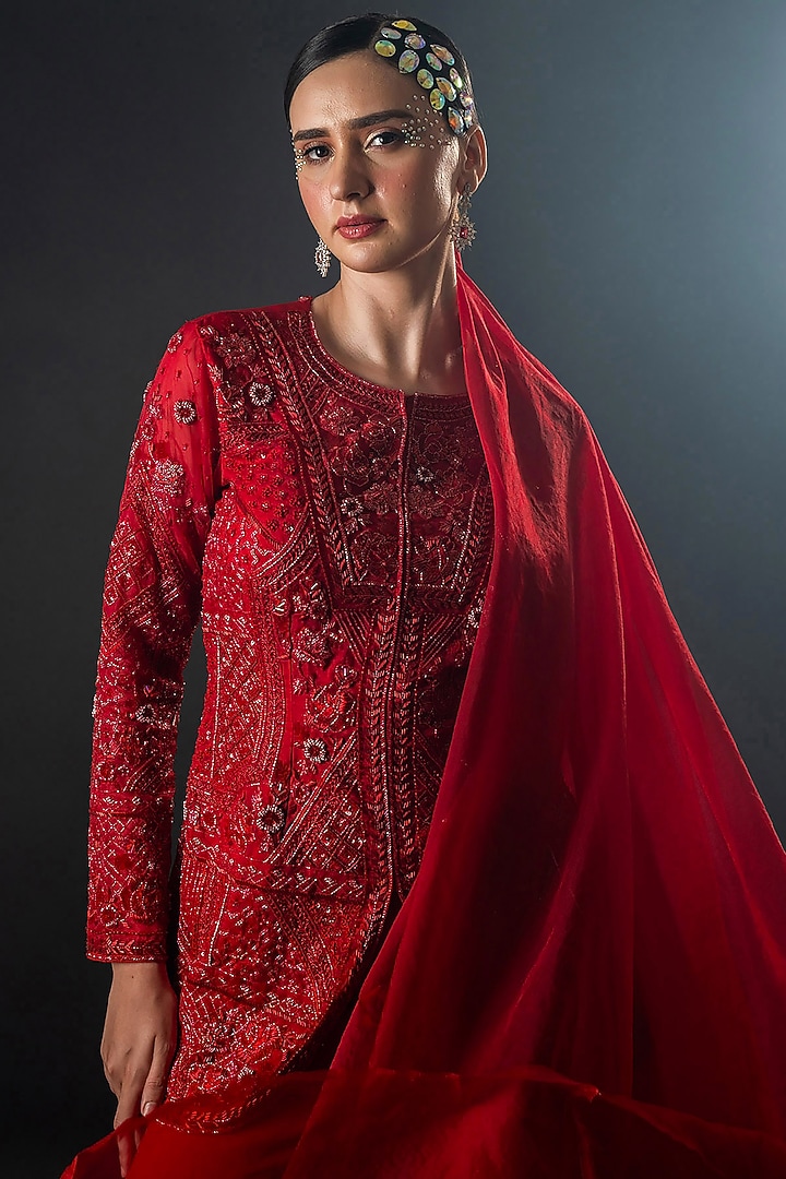 Red Organza Georgette Floral Thread Embroidered Wedding Sharara Set by The Pink Mirror at Pernia's Pop Up Shop