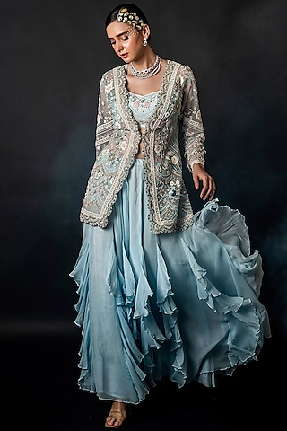Powder Blue Net Georgette Frilled Sharara Set by The Pink Mirror