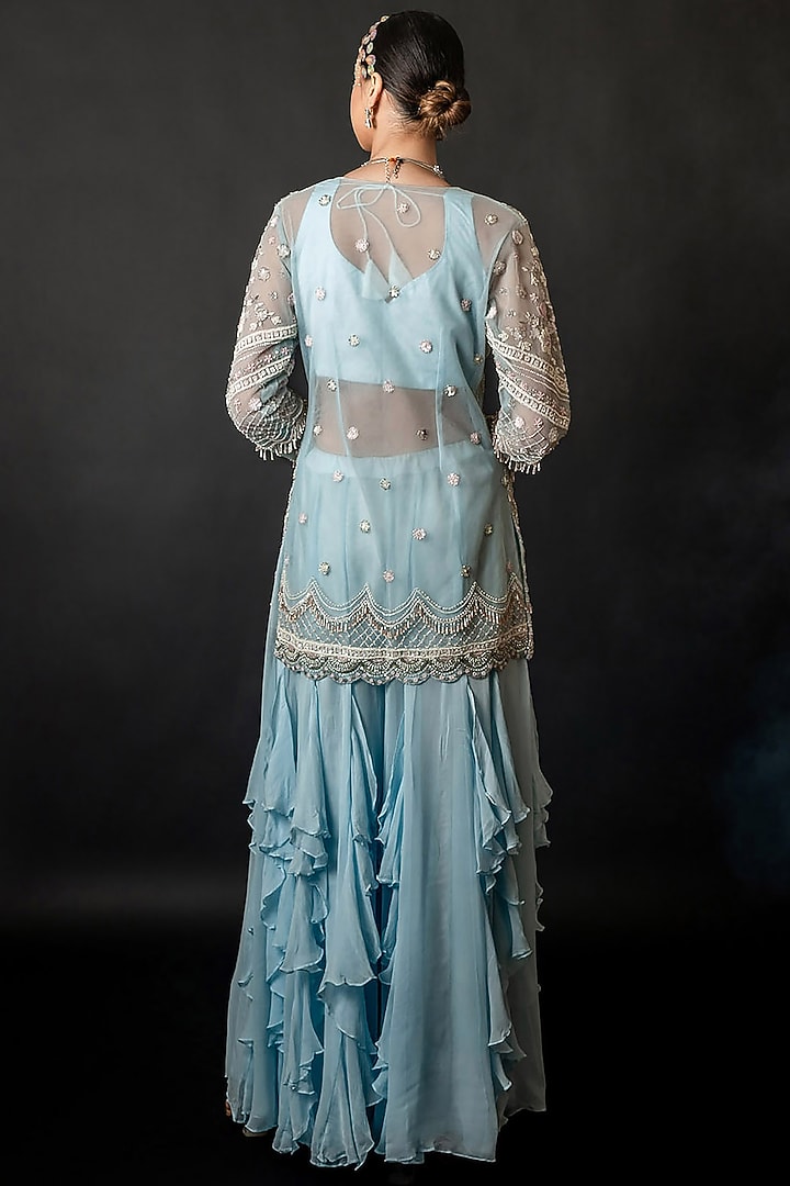 Powder Blue Net Georgette Frilled Wedding Sharara Set by The Pink Mirror at Pernia's Pop Up Shop