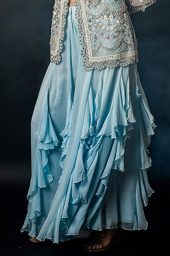 Powder Blue Net Georgette Frilled Wedding Sharara Set by The Pink Mirror at Pernia's Pop Up Shop