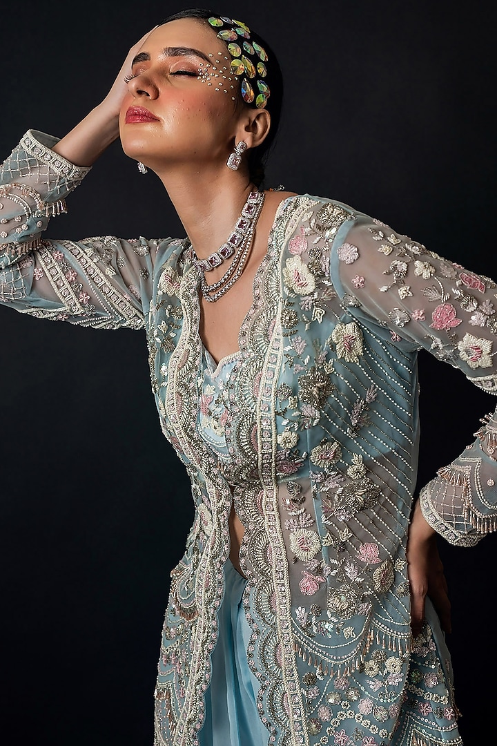 Powder Blue Net Georgette Frilled Wedding Sharara Set by The Pink Mirror at Pernia's Pop Up Shop