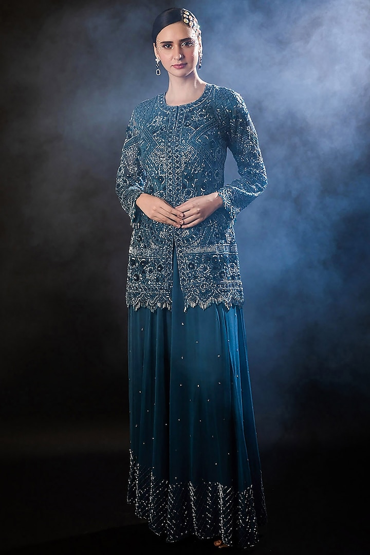 Indigo Blue Organza Georgette Sequins Embroidered Sharara Set by The Pink Mirror