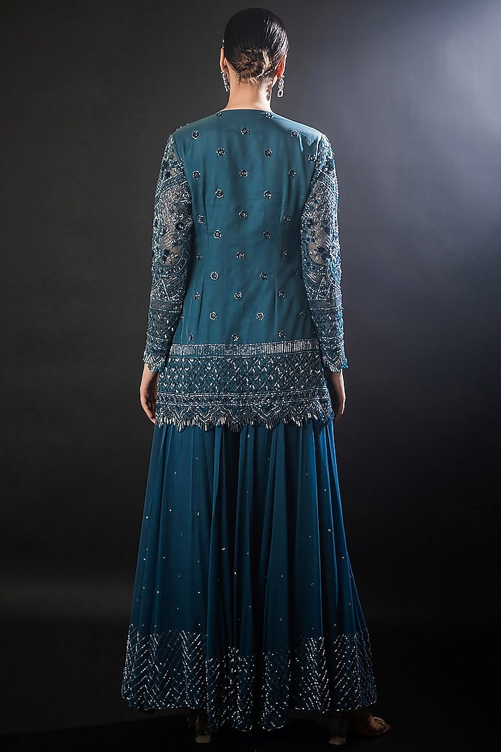 Indigo Blue Organza Georgette Sequins Embroidered Wedding Sharara Set by The Pink Mirror at Pernia's Pop Up Shop