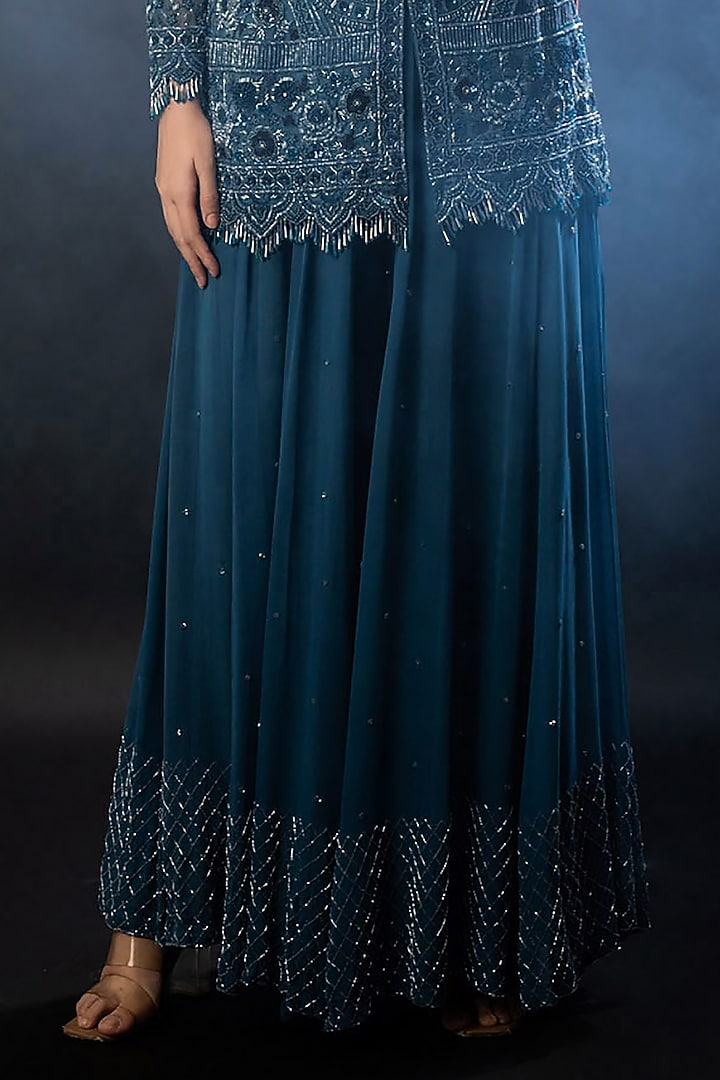Indigo Blue Organza Georgette Sequins Embroidered Wedding Sharara Set by The Pink Mirror at Pernia's Pop Up Shop