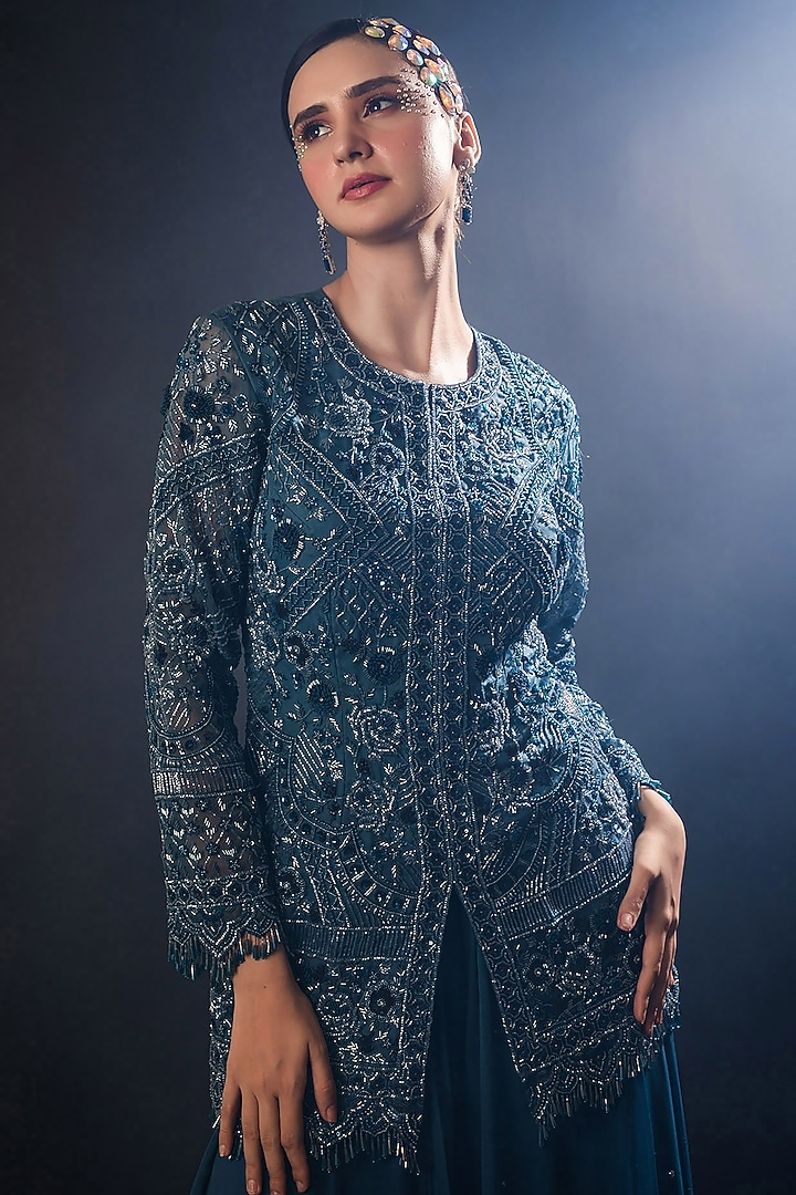 Indigo Blue Organza Georgette Sequins Embroidered Wedding Sharara Set by The Pink Mirror at Pernia's Pop Up Shop