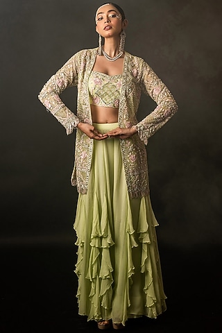 Pista Green Net Georgette Frilled Sharara Set by The Pink Mirror