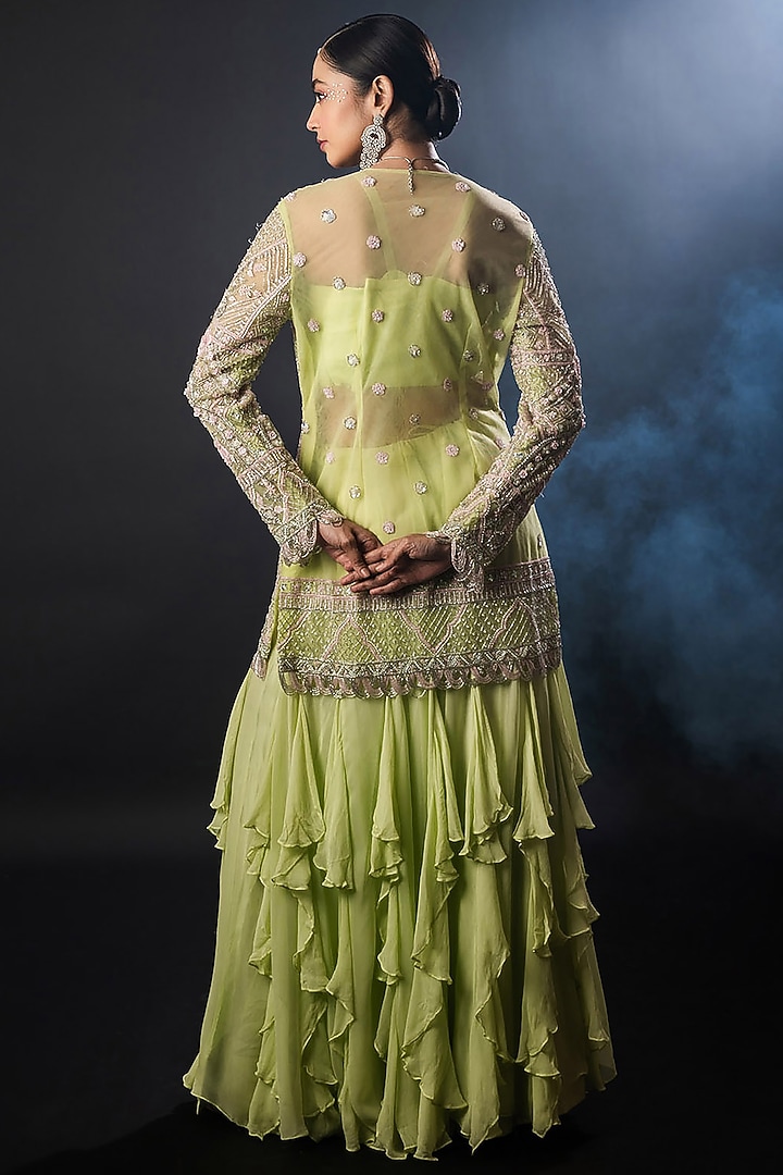 Pista Green Net Georgette Frilled Wedding Sharara Set by The Pink Mirror at Pernia's Pop Up Shop