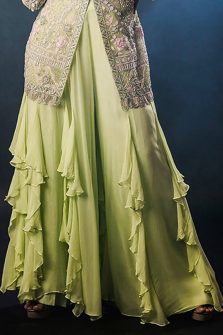 Pista Green Net Georgette Frilled Wedding Sharara Set by The Pink Mirror at Pernia's Pop Up Shop