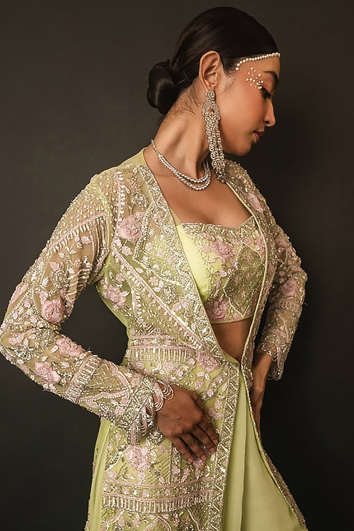 Pista Green Net Georgette Frilled Wedding Sharara Set by The Pink Mirror at Pernia's Pop Up Shop