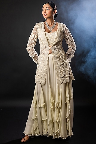 Off-White Organza Georgette Frilled Sharara Set by The Pink Mirror