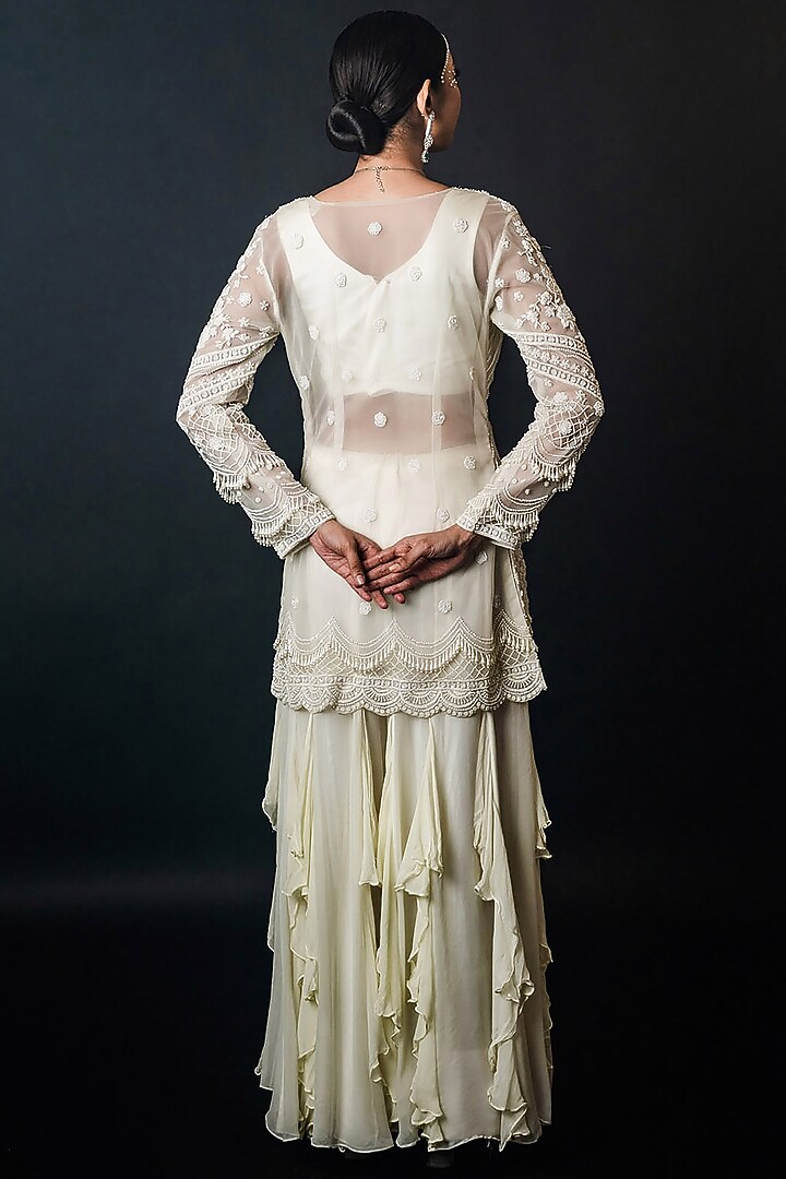 Off-White Organza Georgette Frilled Wedding Sharara Set by The Pink Mirror at Pernia's Pop Up Shop