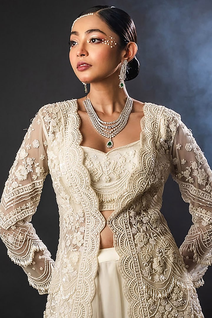 Off-White Organza Georgette Frilled Wedding Sharara Set by The Pink Mirror at Pernia's Pop Up Shop